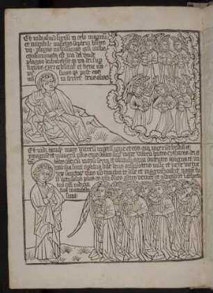 (1) Johannes und die Vision von den sieben Engeln mit den Schalen, darin sieben Plagen (Apc. XV,1); Johannes und die Vision von den Engel mit den Harfen am gläsernen Meer (Apc. XV, 2-4)