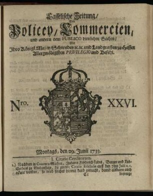Nro. XXVI, Montags, den 29. Junii 1733
