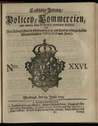 Nro. XXVI, Montags, den 29. Junii 1733