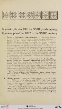 Manuskripte des XIII. bis XVIII. Jahrhunderts (Nr. 1-22)