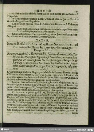 XXXVII. Iterata Resolutio Suae Maiestatis Sacratissime ad Tertiariam Statuum Replicam. 4. Dec. 1681
