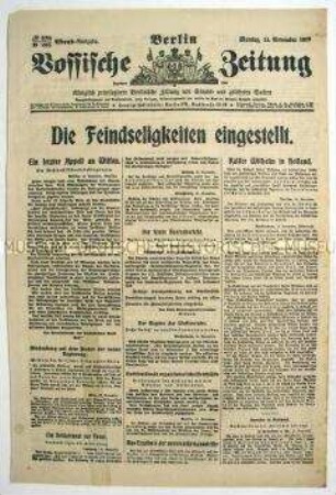 Titelblatt der "Vossischen Zeitung" zum Ende der Kampfhandlungen des 1. Weltkriegs