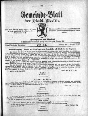 1920,31: Nr. 31, 1. August 1920