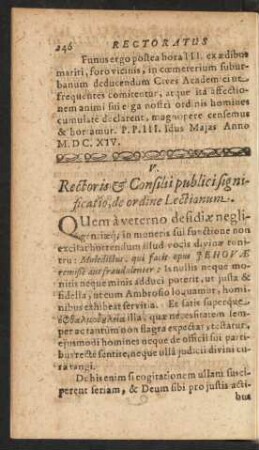 V. Rectoris & Consilii publici significatio, de ordine Lectionum.
