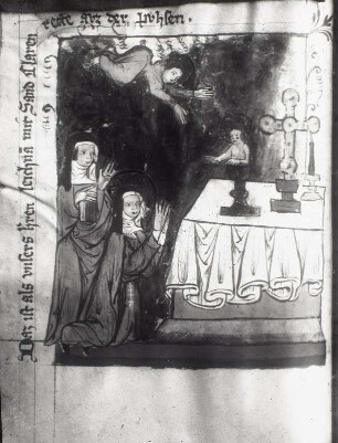 Clara mit Nonne und Engel kniet betend vor einem Altar, Blatt 45v