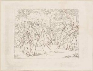 Zu Shakespeares "Die lustigen Weiber von Windsor", Blatt 11, 5. Akt, 4. Szene: Anna und Fenton im Wald, Falstaff wird verprügelt