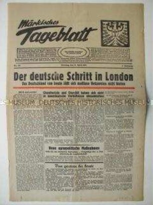 Regionale Tageszeitung "Märkisches Tageblatt" u.a. zum Protest Deutschlands gegen antideutsche Äußerungen im britischen Unterhaus