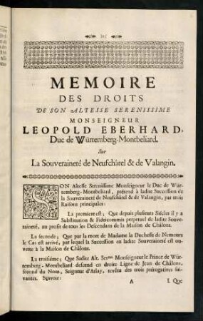 1-25a, Memoire Des Droits De Son Altesse Serenissime Monseigneur Leopold Eberhard ...