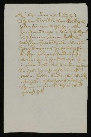 Caspar Stegman zu Hegelhofen (Krs. Neu-Ulm) seßhaft, verkauft an Gall Ostertag zu Volckerzhofen (Volkertshofen, Krs. Neu-Ulm) ein Viertel Acker in dem Oberen Feld, zwischen Hans Zeller zu Volckertshofen und Lucia Bidermanin Wittib zu Erbishofen (Erbishofen, Krs. Neu-Ulm) Äckern gelegen, als eigenes Erbgut, das der Herrschaft Pfaffenhofen (Pfaffenhofen a.d. Roth, Krs. Neu-Ulm) vogt- gericht- und steuerbar ist um 20 fl.