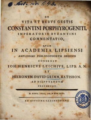 De Vita Et Rebvs Gestis Constantini Porphyrogeniti, Imperatoris Byzantini Commentatio
