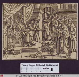 Moses und Aaron werfen ihre Stöcke, die zu Schlangen werden, vor den Pharao (Ex. 7,8).