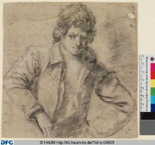 Halbfigur eines Mannes mit Locken und offenem Kragen