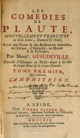 Les Comédies de Plaute : [Divisées En Dix Tomes], 1. Qui contient L'Amphitrion