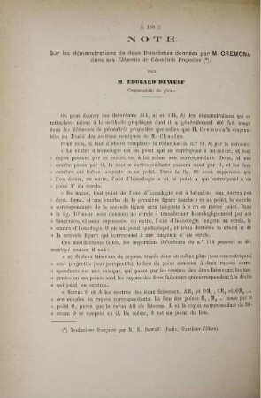 Note sur les démonstrations de deux théorèmes données par M. Cremona dans ses Eléments de Géométrie Projective.