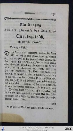 Ein Auszug aus der Chronike des Dörfleins Querlequitsch, an der Elbe gelegen.