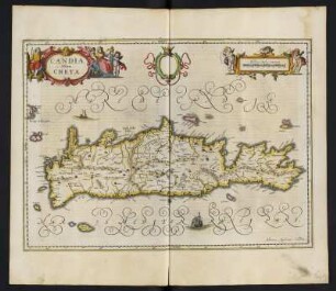Karte von Kreta, Griechenland, ca. 1:930 000, kolorierter Kupferstich, 1645 : Candia olim Creta / Johannes Janssonius Excudit. - [Ca. 1:930 000]. - [Amsterdam] : Ioannes Ianssonius, [1645]. - 1 Kt : Kupferst ; 37 x 51 cm. - Maßstab in graph. Form (Milliaria Italica Communia)