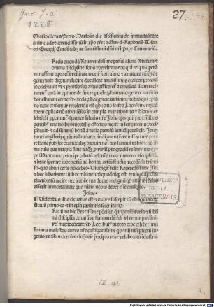 Oratio in die ascensionis de immortalitate animae : mit Widmungsvorrede des Autors an Kardinal Raffaele Riario