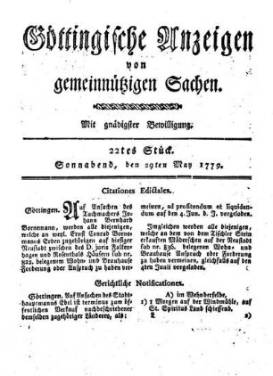 22tes Stück. Sonnabend, den 29ten May 1779.