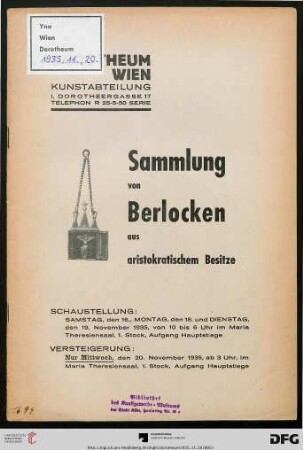 Sammlung von Berlocken aus aristokratischem Besitze : Versteigerung: Mittwoch, den 20. November 1935