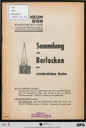 Sammlung von Berlocken aus aristokratischem Besitze : Versteigerung: Mittwoch, den 20. November 1935