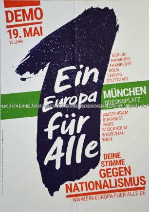Plakataufruf der Bürgerbewegung Campact e. V. für eine bundesweite Demonstration gegen Nationalismus im Vorfeld der Europawahlen im Mai 2019 - München, Odeonsplatz
