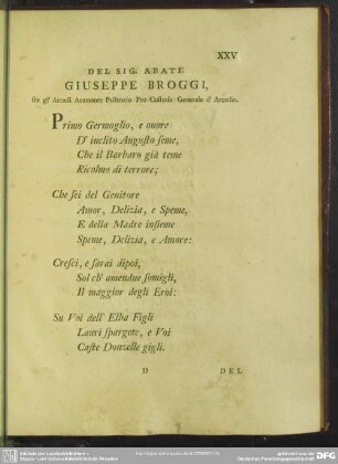 Del Sig. Abate Giuseppe Broggi, fra gl' Arcadi Acamante Pallanzio Pro Custode Generale d' Arcadia