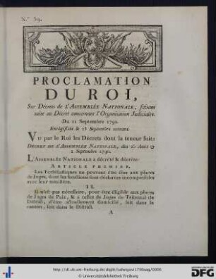 Proclamation Du Roi, Sur Décrets de l'Assemblée Nationale, faisant suite au Décret concernant l'Organisation Judiciaire.