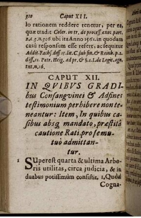 Caput XII. In Quibus Gradibus Consanguinei & Adfines testimonium perhibere non teneantur: Item, In quibus casibus absq[ue] mandato, praestita cautione Rati, pro se mutuo admittantur