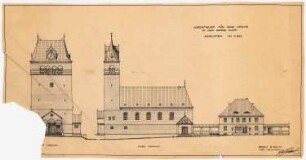 Kirche mit Pfarrhaus, Berlin-Charlottenburg: Aufriss Nordansicht und Ostansicht 1:200