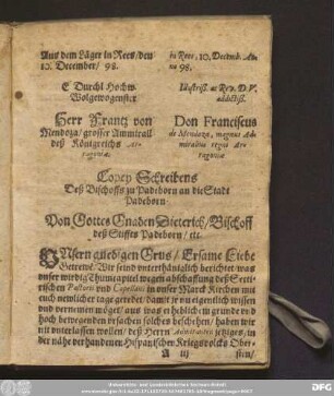 Copey Schreibens Deß Bischoffs zu Padeborn an die Stadt Padeborn.