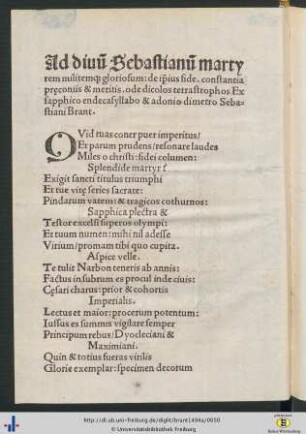 Ad divum Sebastianum martyrem militemque gloriosum