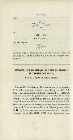Démonstration géométrique de l'aire du triangle en fonction des cotés.