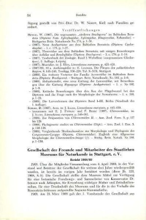 Bericht der Gesellschaft der Freunde und Mitarbeiter des Staatlichen Museums für Naturkunde in Stuttgart für 1968/69, mit Mitgliederverzeichnis