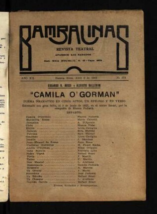 Camila O'Gorman : poema dramático en cinco actos, un epílogo y en verso