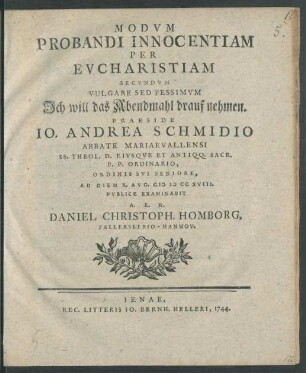 Modum Probandi Innocentiam Per Eucharistiam Secundum Vulgare Sed Pessimum Ich will das Abendmahl drauf nehmen