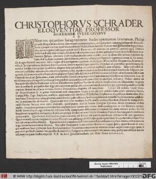 Christophorus Schrader Eloquentiae Professor Academiae Iuliae Civibus S.D.