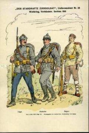 Uniformdarstellung, Infanteristen aus Ungarn, Deutschland und Bulgarien beim Einmarsch in Serbien, Deutsches Kaiserreich, 1916.