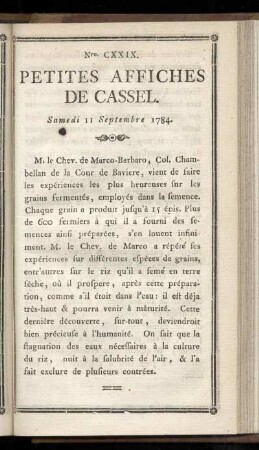 No CXXIX (Samedi 11 Sepembre 1784)