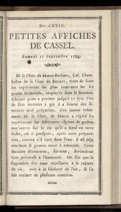 No CXXIX (Samedi 11 Sepembre 1784)