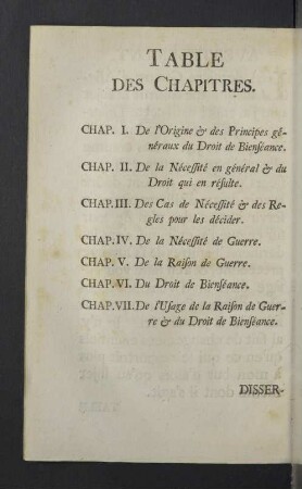 Table des Chapitres.