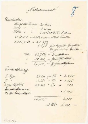 Zweifamilienhaus Monatskonkurrenz Februar 1930: Kostenrechnung