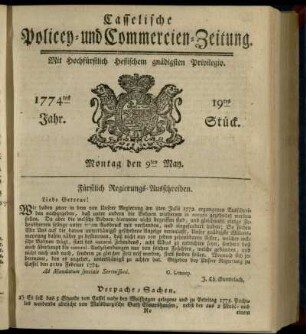 19tes Stueck, Montag den 9ten May 1774