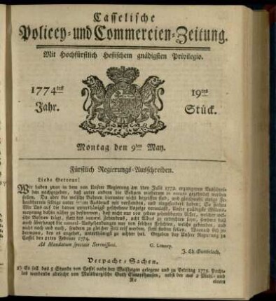 19tes Stueck, Montag den 9ten May 1774