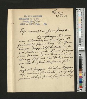 Brief von Prof. Schubart an die StB Hamburg, Berlin