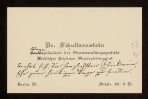53: Visitenkarte von Max Schultzenstein für Otto von Gierke, Berlin, Januar 1921