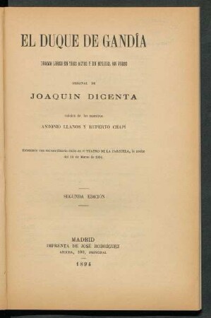El duque de Gandía : drama lírico en tres actos y un epilogo, en verso, original de Joaquín Dicenta