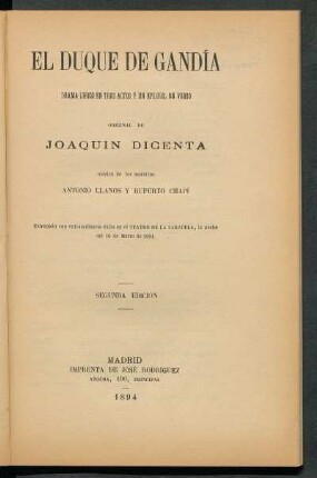 El duque de Gandía : drama lírico en tres actos y un epilogo, en verso, original de Joaquín Dicenta