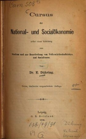 Cursus der National- und Socialökonomie : Nebst einer Anleitung zum Studium u. zur Beurtheilung von Volkswirthschaftslehre u. Socialismus