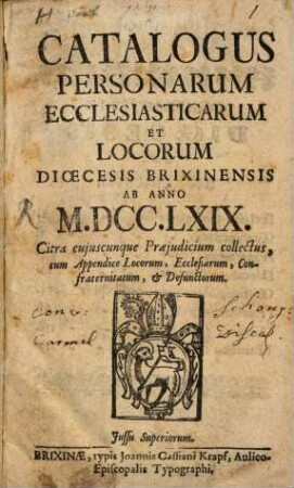 Catalogus personarum ecclesiasticarum Dioecesis Brixinensis, 1769