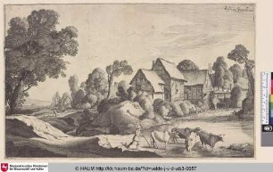 [Herde und Rind an einer Schwelle nahe einer Wassermühle; Herd and Cattle at a Ford near a Water-Mill]